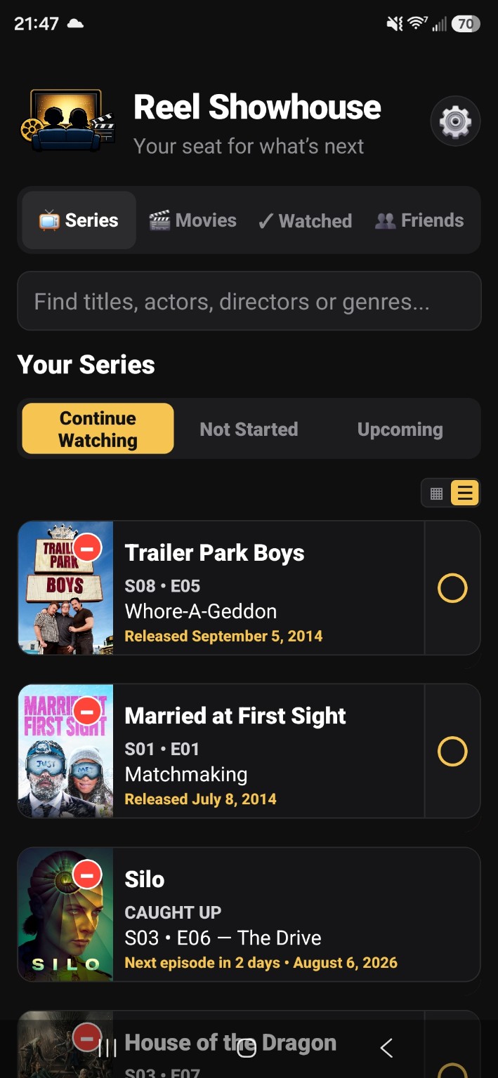 Reel Showhouse series tracking screen